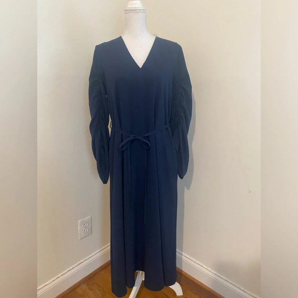 TIBI Navy Ruched Convertible Sleeve Stretch Crepe Midi V-Neck Dress Size 8 NWOT - Picture 2 of 14